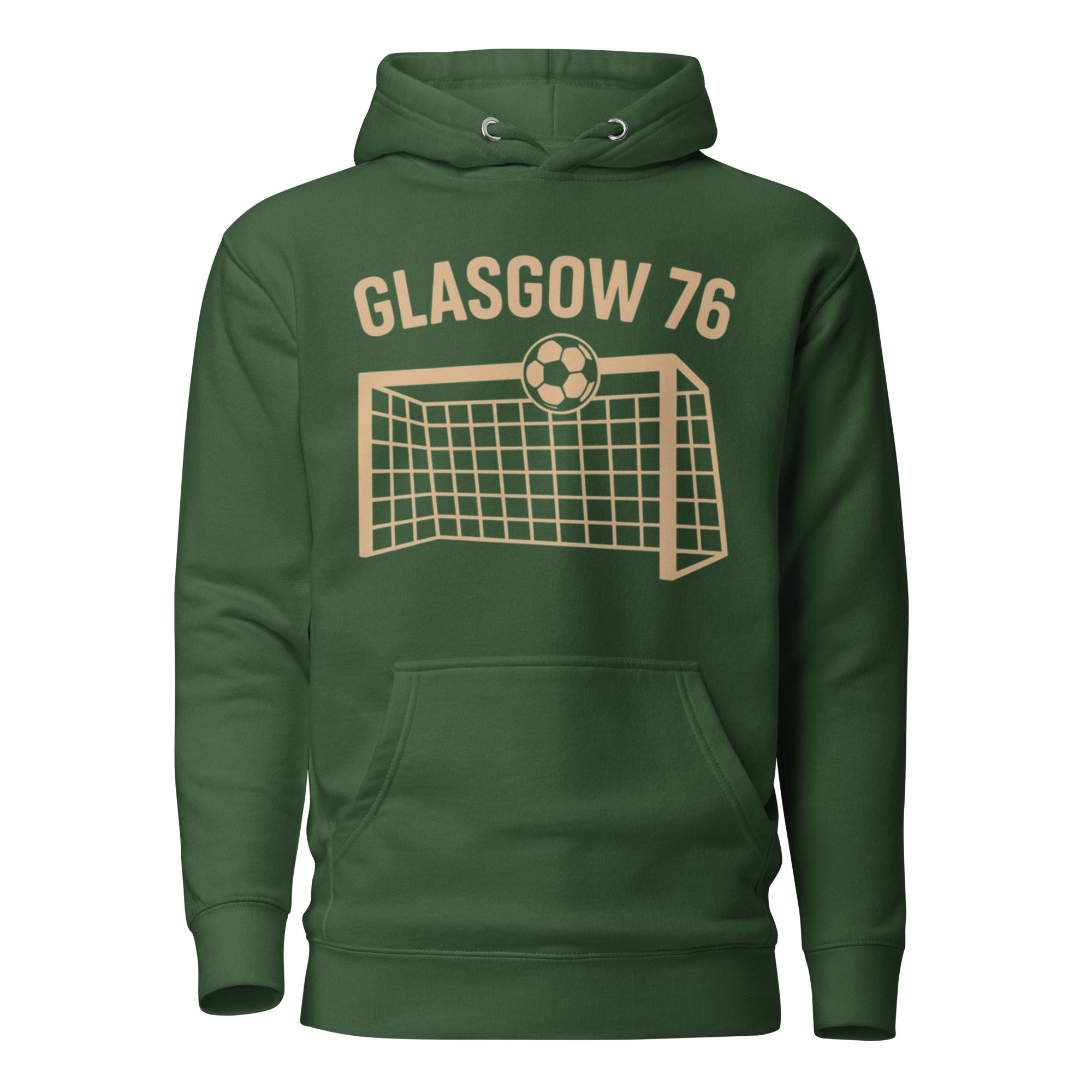 Sweat-shirt à capuche Glasgow 76 vert avec motif poteaux carrés et cage de but stylisée – édition anniversaire football